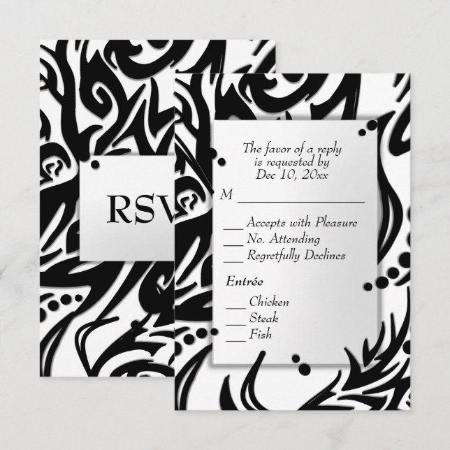 Tribal Abstrato Preto e Branco com Menu RSVP (Frente/Verso)