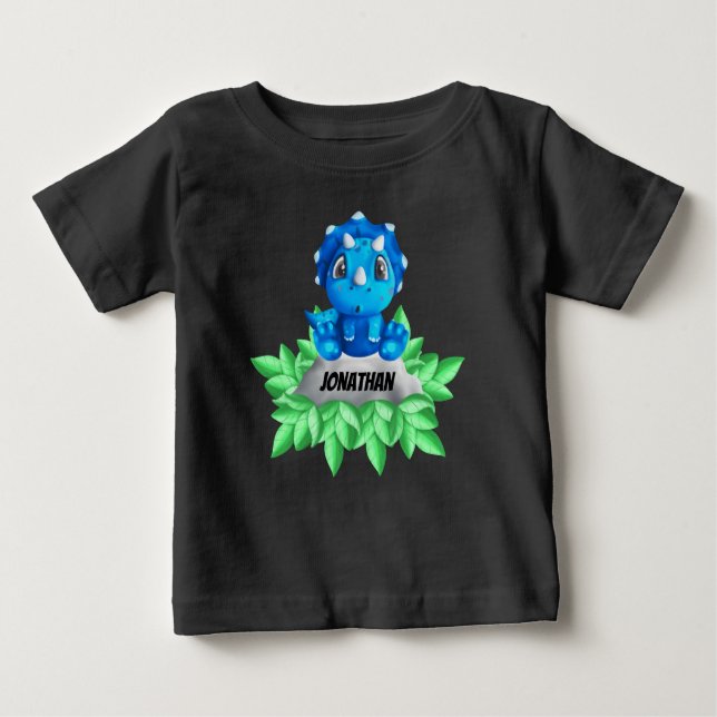 Tricerátops de Bebê Azul Dinossauro Negra Camiseta (Frente)