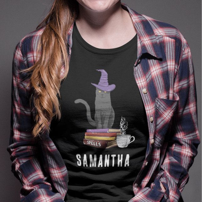 Trick ou Tratar as mulheres do Gato Negro Moderno  (Witches Halloween Custom Womens Black T-Shirt)