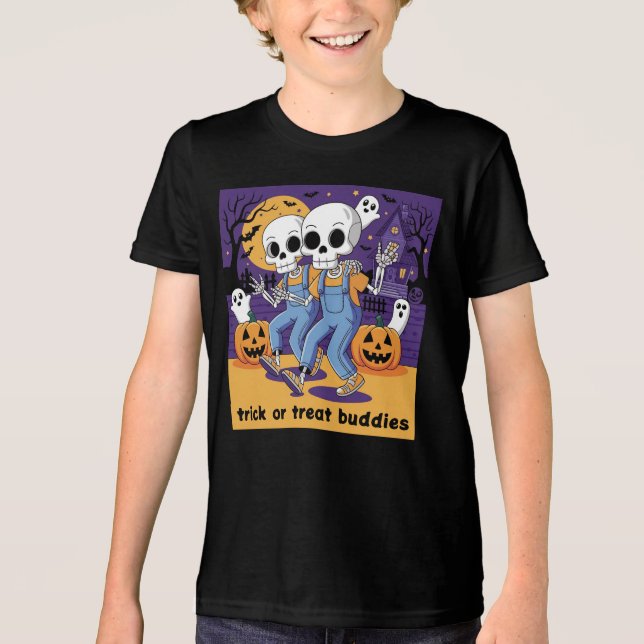 Trick ou Tratar Buddies Esqueleto Camisa Amizade (Frente)