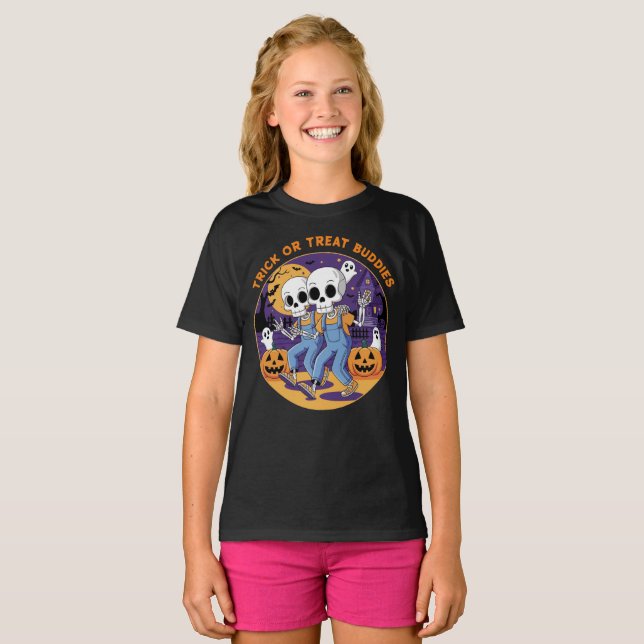 Trick ou Tratar Buddies Esqueleto Camisa Amizade (Frente Completa)