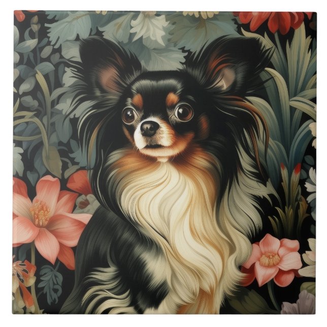 Tricolor de cabelo longo Chihuahua num jardim de v (Frente)