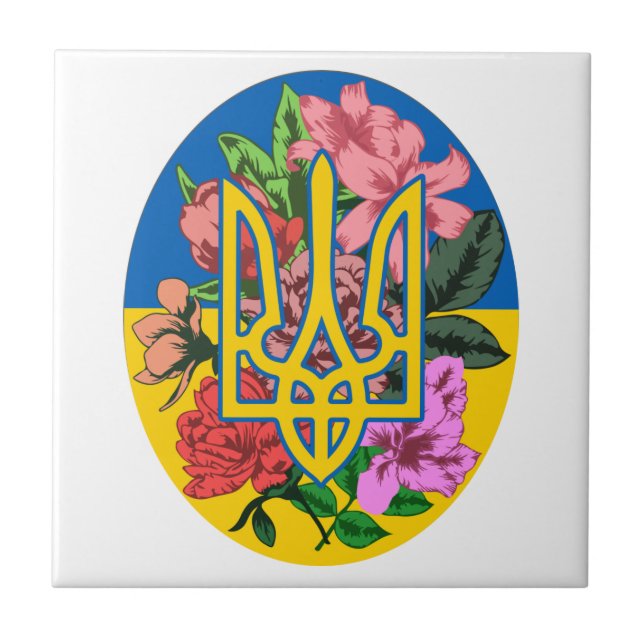 Tridente ucraniano e bandeira da Ucrânia com flore (Frente)