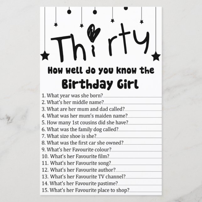 Trinta Quão bem você conhece a aniversariante (Frente)