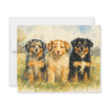 Trio de Aquarelas de Pastores Australianos em Camp