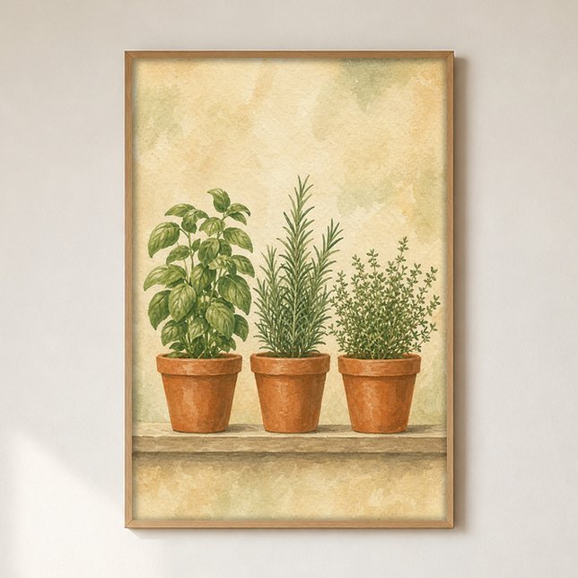 Trio de Vasos de Ervas Aquarela Poster de Arte Cot (Shown framed for scale. Poster ships unframed; frames are an optional add-on.)