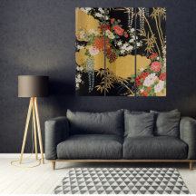 Triptych de Arte Floral Japonesa Dourada Tradicion