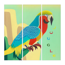 Triptych Jungle! Happy Exotic Bird Abstrato Art