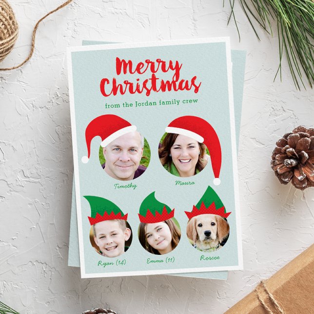 Tripulação de Natal com Cinco Cartões de Férias Fo (folded funny Christmas holiday five photo card with Santa and elf hats on each family member)