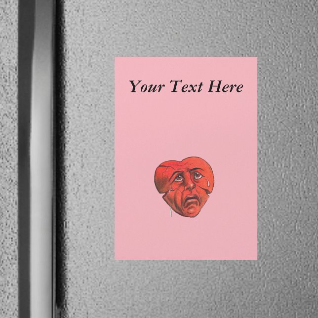 Triste Rosto Vermelho Chorando (Anthropormorphic red crying sad heart with face on light pink magnetic card.)