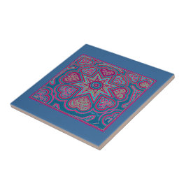 Trivet/Azulejo de Corações Folclóricos Azuis
