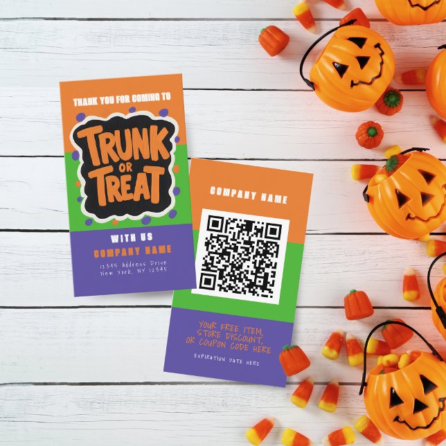 Tronco Divertido ou Cartões de visitas de Dia das  (Trunk or Treat Halloween Coupon Business Cards Pack of 100 in Orange, Green, Purple and Black )