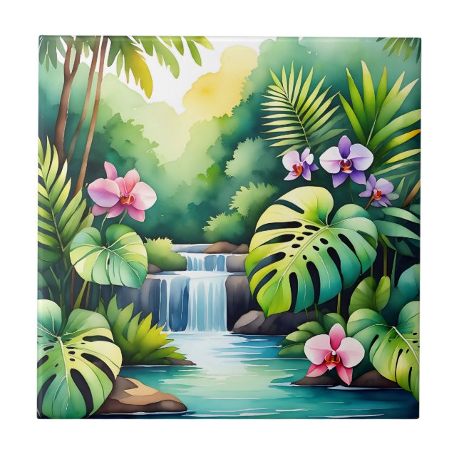 Tropical Jungle Waterfall Orchid Paradise  (Frente)