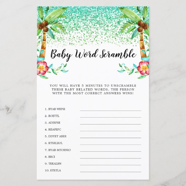 Tropical Luau Watercolor Glitter Word Scramble (Frente)