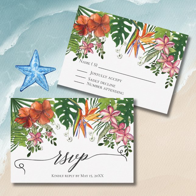 Tropical Watercolor Hawaiian Floral Wedding RSVP  (Tropical Watercolor Hawaiian Floral Wedding RSVP Card)