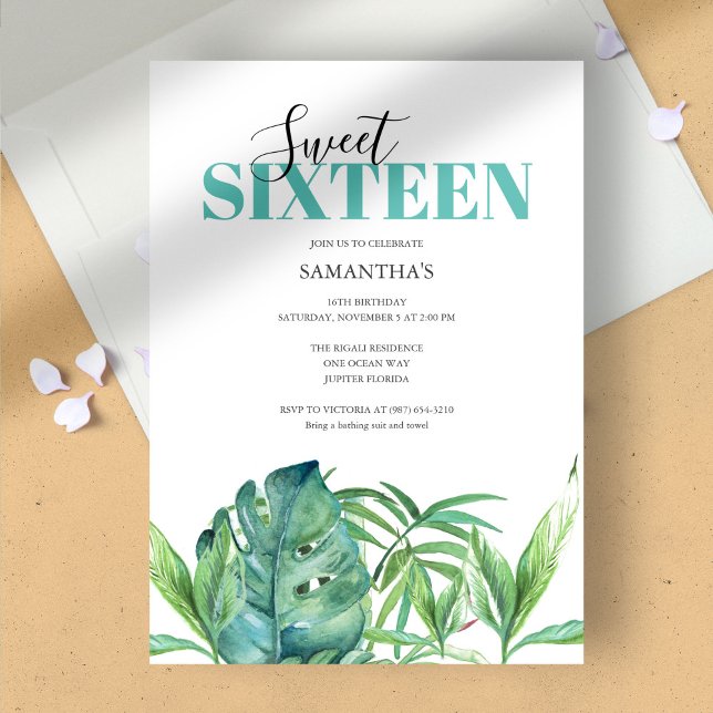 Tropical Watercolor Sweet 16 Convites de Aniversár (birthday party sweet 16 tropical luau green monstera palm leaves)