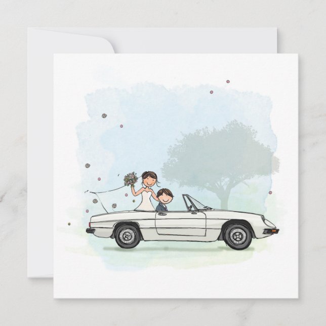 Trouwkaart bruidspaar in vintage Alfa Romeo Spider (Frente)