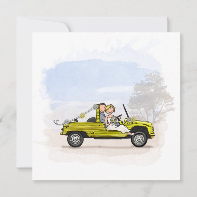 Trouwkaart bruidspaar in vintage Citroen Mehari (Frente)