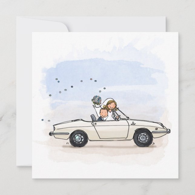 Trouwkaart bruidspaar in vintage Fiat 850 spider (Frente)