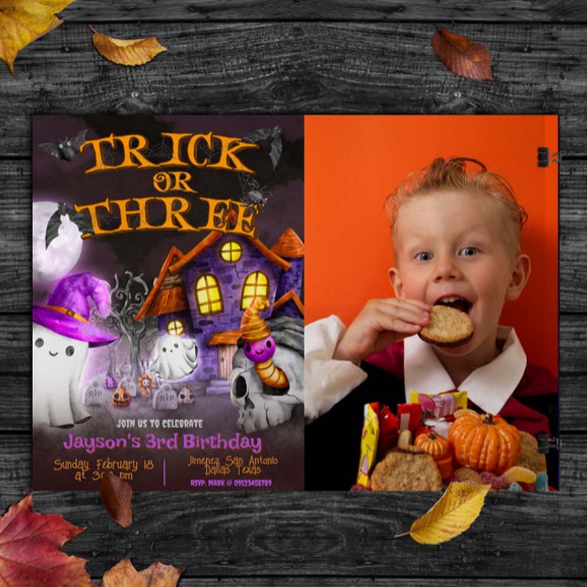 Truque ou Três - Convite de aniversário de 3 anos  (Trick or Three - Spooky 3rd Birthday Invitation)