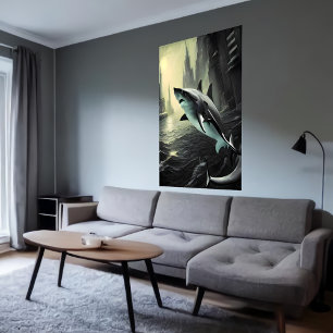 Tubarão estranho na cidade AI Art Poster