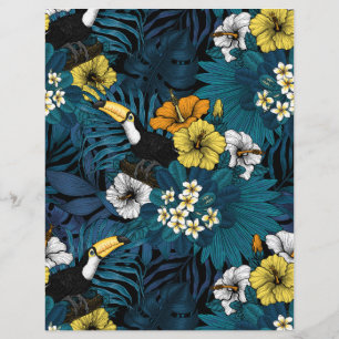 Tucanos e flora tropical, azul , amarelo , laranja