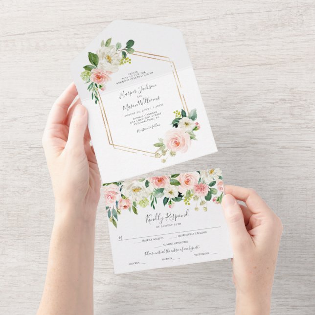 Tudo em um ar Blush Convite de casamento Dourado (Aba destacável)