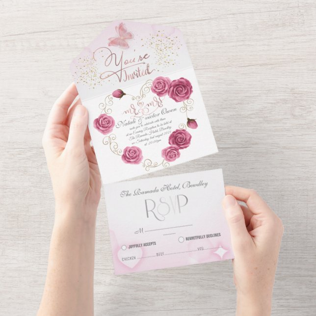 Tudo em um Convite de casamento para boda con rosa (Aba destacável)