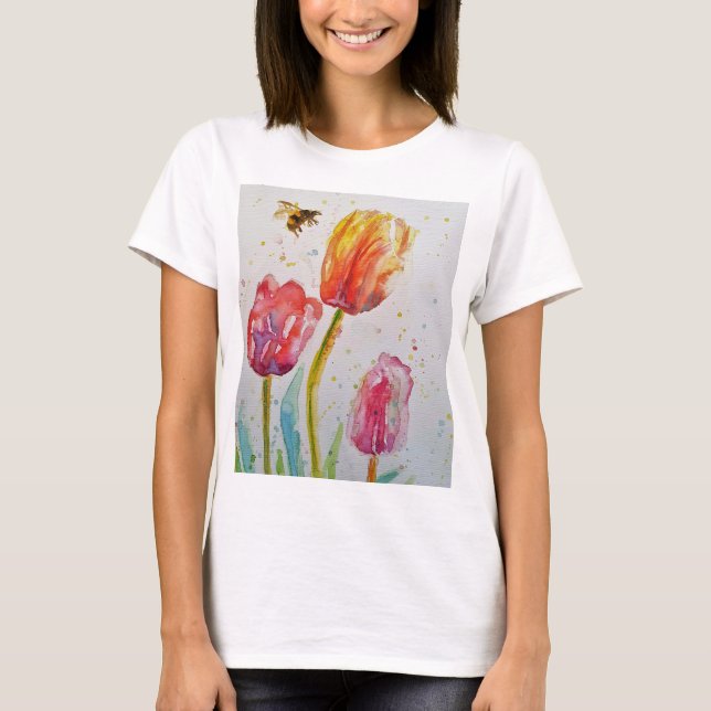 Tulip Bee Floral Watercolor Mulheres T Camisa (Frente)