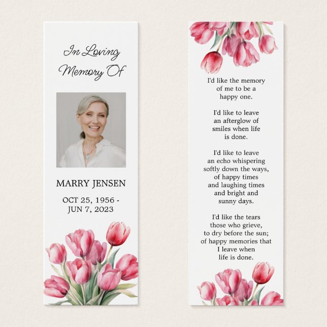 Tulip Floral Photo Funeral Memorial Bookmark (Frente & Verso)