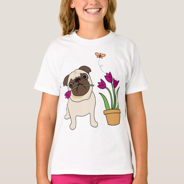 Tulip Pug e Camisetas borboletas para crianças e a (Frente)