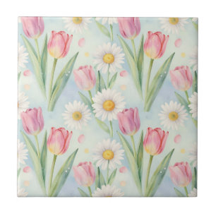 Tulipa Rosa Margarida Aquarela Padrão Primavera