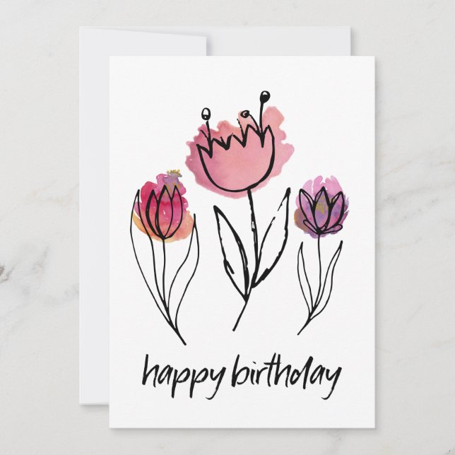 Tulipa Rosa Roxa Desenhada à Mão Aniversário Femin (Frente)
