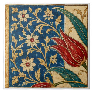 Tulipa Vermelha na Arte Floral Azul Cobalto