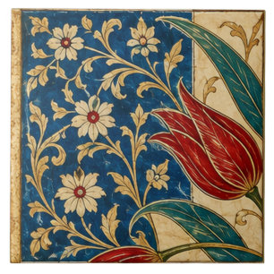 Tulipa Vermelha na Arte Floral Azul Cobalto