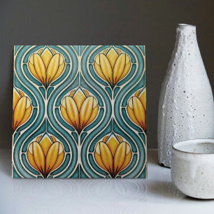 Tulipas Amarelas em Nouveau de Arte Simétrica Azul
