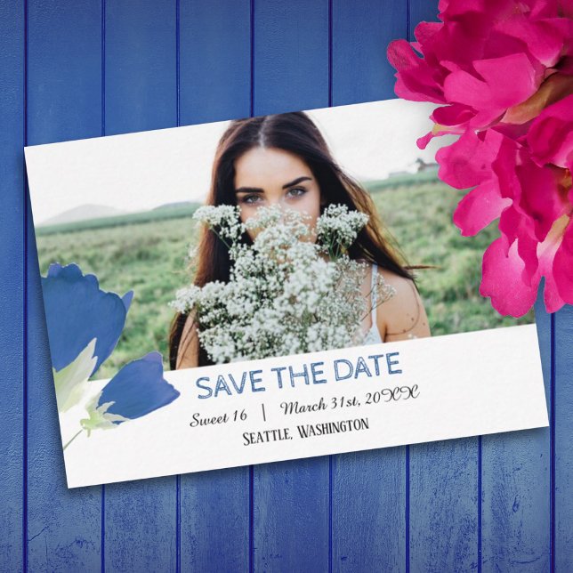 Tulipas azuis, Sweet Floral 16 Guarde o Cartão de  (spring springtime blue tulips birthday party for sweet 16 save the date card)