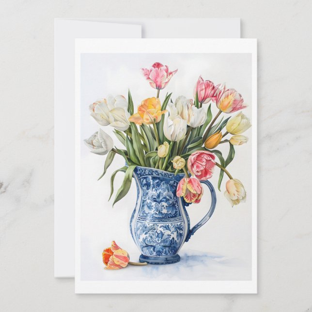 Tulipas de Aquarela Elegantes em Vaso Azul Delft (Frente)