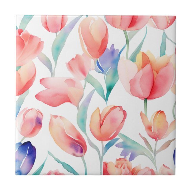 Tulipas de Aquarela Padrão Azulejo cerâmico (Frente)