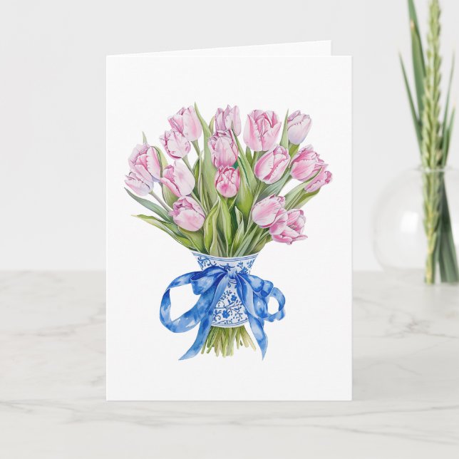 Tulipas de Arco Azul Chinoiserie Flores Cartão de  (Frente)