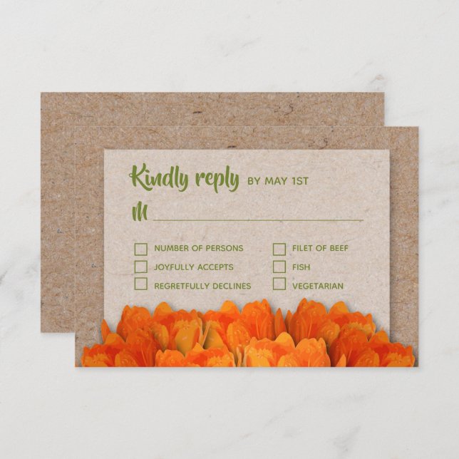 Tulipas laranja nos Cartões RSVP de Casamento Kraf (Frente/Verso)