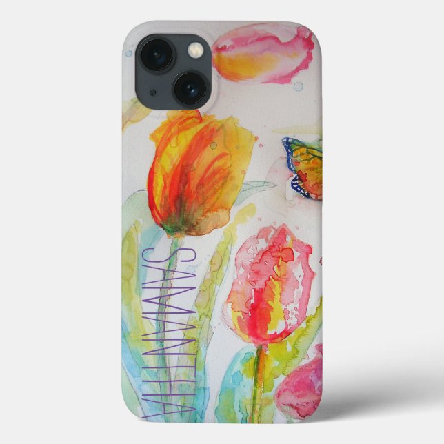 Tulipas Rosa Tulipas Floral Watercolor Mulher Nome (Verso)