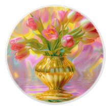 Tulipas Rosa Vibrantes em Vase Ouro