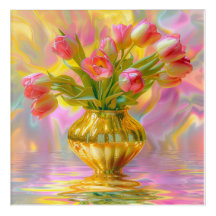 Tulipas Rosa Vibrantes em Vase Ouro