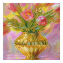 Tulipas Rosa Vibrantes em Vase Ouro