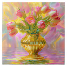 Tulipas Rosa Vibrantes em Vase Ouro