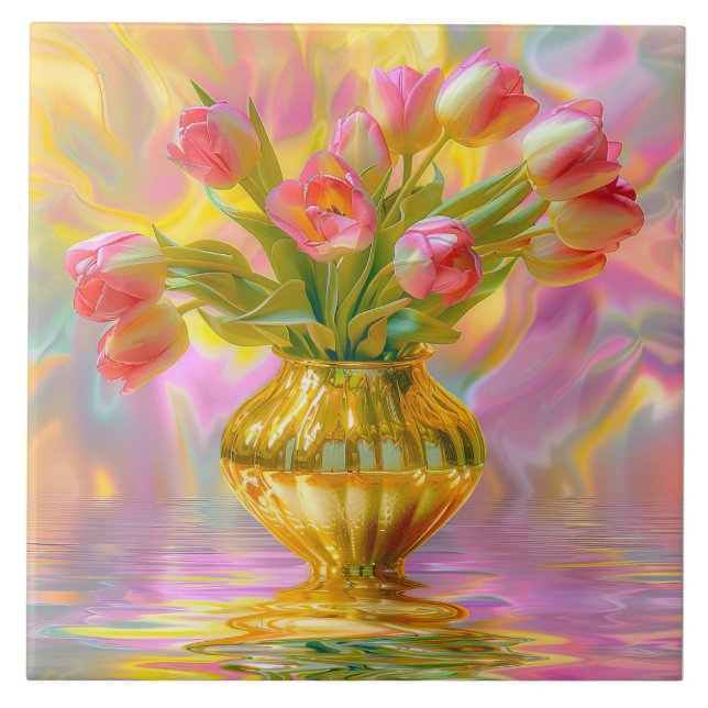 Tulipas Rosa Vibrantes em Vase Ouro (Frente)