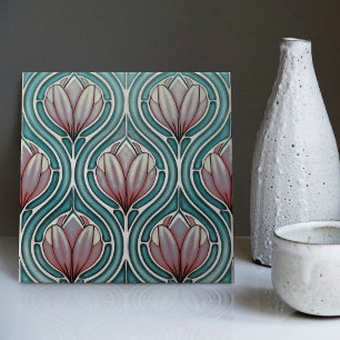 Tulipas Roxas em Arte Nova Azul Simétrica