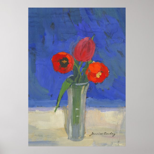 Tulipas vermelhas no Poster azul (Frente)