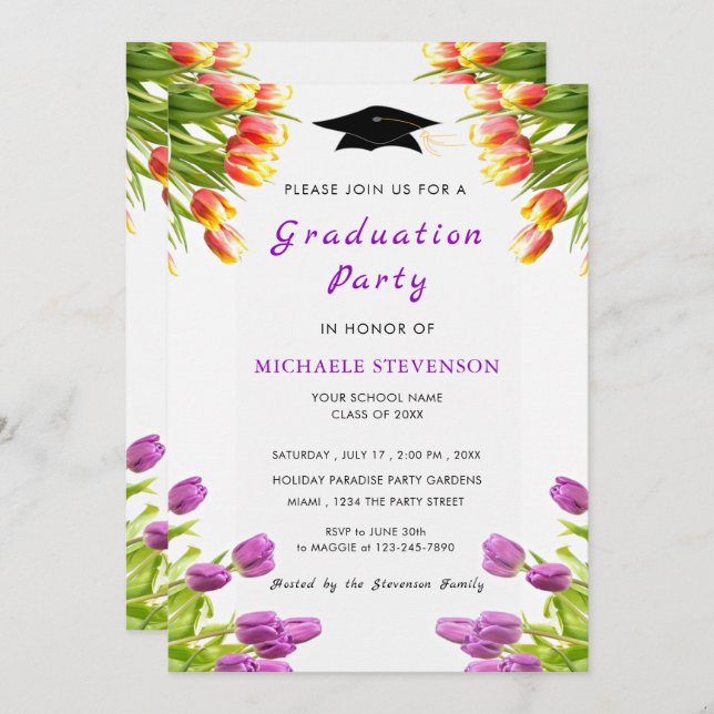 Tulipas Vermelhas Roxas Convite à Festa de formatu (Frente/Verso)